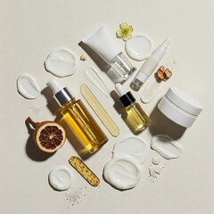 Flat lay produk kosmetik dan skincare (botol kaca berisi minyak dan serum, jar putih, tube, krim, scrub, elemen bunga kering) tertata di latar netral dengan pencahayaan lembut. Kesan alami, perawatan 