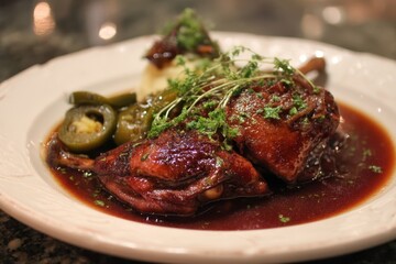 Duck confit in port sauce with pear chutney and baked jalape&ntilde;os French style