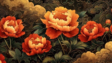 Orange-red peony flowers are in full bloom