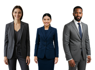 Group of Three Professionals in Business Attire, Including Two Women and One Man, Displaying Confidence and Workplace Readiness Against a transparent background