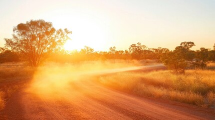 Outback Road at Sunset Dust Kicking Up Low Angle Shot of Dirt Road in Australia Golden Hour Light