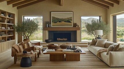 Fototapeta premium Spacious, rustic living room with a warm, natural aesthetic.