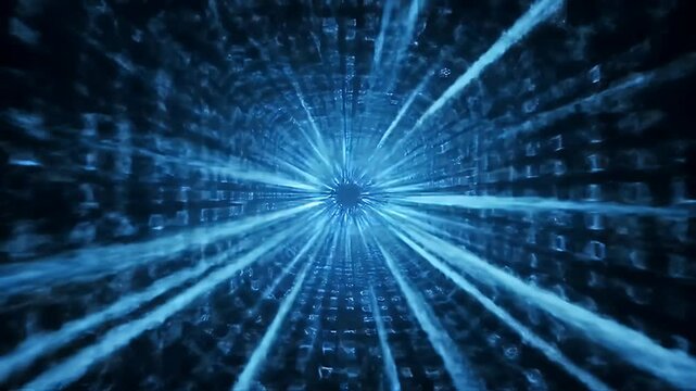 Abstract Blue Digital Tunnel with Binary Code Data Stream and Motion Background