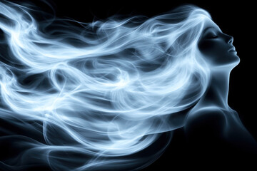 Ethereal female silhouette with flowing, glowing hair on a black background, creating a dreamy and mystical visual effect.