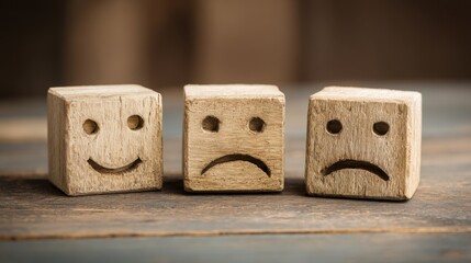 Two wooden blocks featuring faces drawn on them symbolizing interactions and emotional connections in a playful way