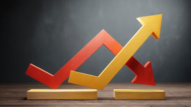 Wooden model of a downward arrow representing trend continuation versus overextension in market analysis concept