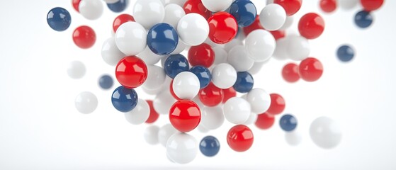 A group of shiny red, blue, and white spheres float in a cluster against a blank background