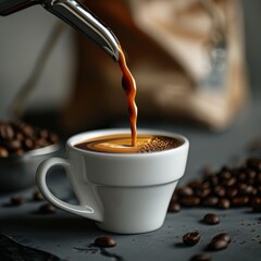 Espresso Pouring into Cup with Coffee Beans - Fresh Brew Aroma Scene