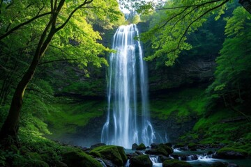 Obraz premium a view of a waterfall in a forest with rocks and trees