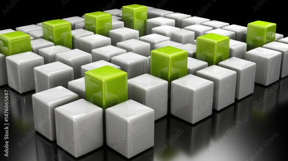 Poster group of white cubes with green squares signifying value-first messaging in priority-focused deliver