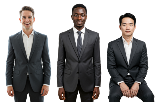 Three Young Adult Males in Business Suits Posing for a Professional Portrait Against a transparent background