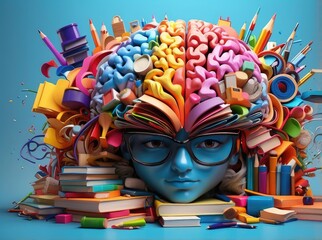 "Vibrant Lightbulb Brain: A Fusion of Books and Stationery in an AI-Driven Education Concept"
