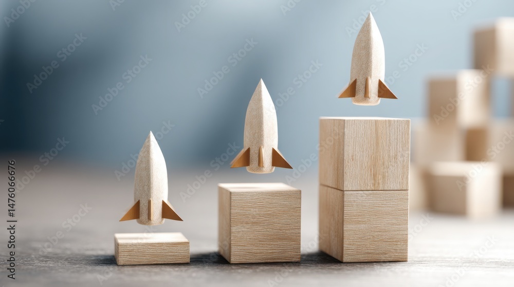 Poster wooden blocks stacked with a rocket on top symbolizing volume build-up before a market breakout icon