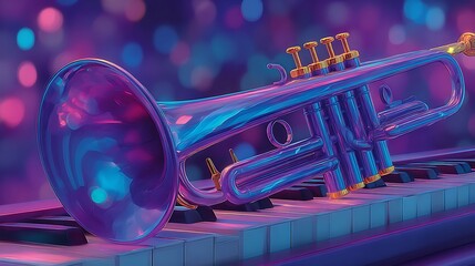 Neon Trumpet on Piano Keys Jazz Night Vibes.