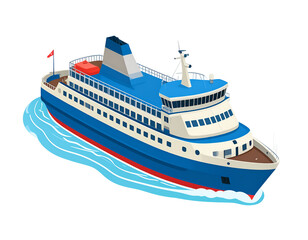Fototapeta premium A large blue and white passenger ferry boat sailing on calm waters