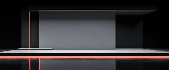 Minimalist gray platform with red light strip accents on a shiny black surface