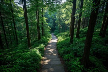 Obraz premium a view of a path through a forest with lots of trees