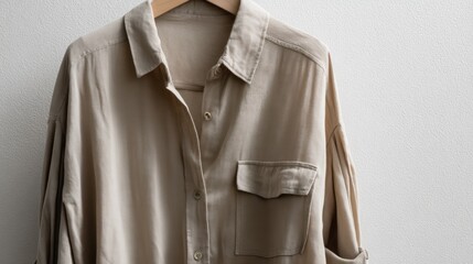 Beige, button-down blouse, casually draped on hanger