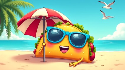 Cartoon taco relaxing under a beach umbrella with sunglasses, sand and sea in the background, fun vacation food mascot illustration
