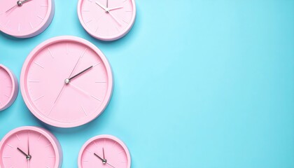 A vibrant arrangement of pink clocks with varying designs and sizes set against a soothing blue background, creating a playful and whimsical atmosphere.