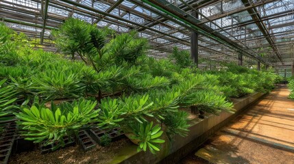 Fototapeta premium Lush greenery within a modern conservatory.