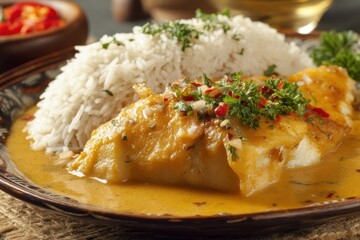 Ecuadorian dish close up of fish in coconut sauce on a plate Horizontal view