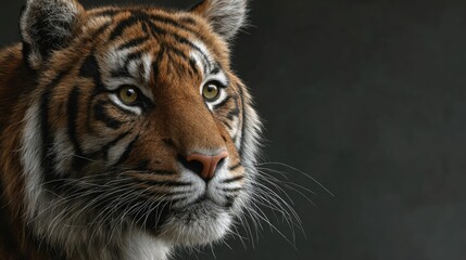 Naklejka premium Majestic Sumatran Tiger Portrait: A Serene, Dark Background Study