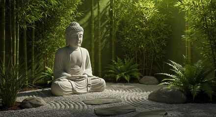 Buddha Statue in Zen Garden with Bamboo and Ferns