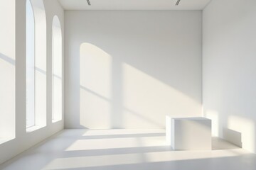 Obraz premium Sunlight Illuminates a Minimalist White Room with a Single Cube Display