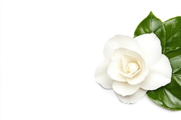 Elegant White Camellia Blossom Close Up with Green Leaves on White Background Studio Shot Floral Still Life