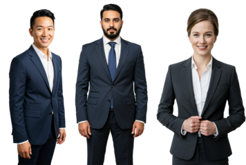 Diverse Group of Young Adults in Business Attire Against transparent background: Two Males and One Female, Representing Different Ethnicities and Professionalism