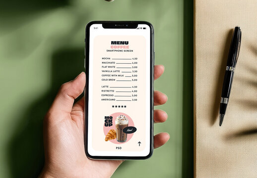 Smartphone Mockup with Coffee Menu in Hand and Caf&eacute; Scene