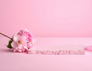 A delicate pink rose with velvety petals rests gracefully beside a smooth white stone, all set against a soft, light background that enhances their beauty.
