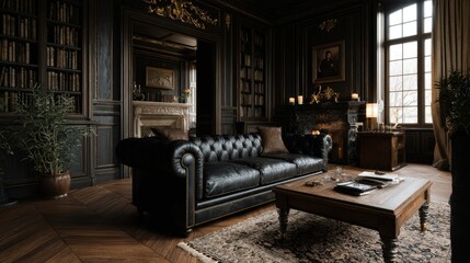 Obraz premium Dark Elegance: A Luxurious Leather Sofa in a Classic Library Setting