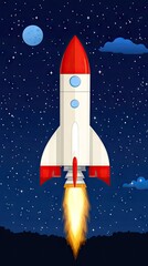 Rocket soars upwards with a full moon, clouds, and stars in the night sky
