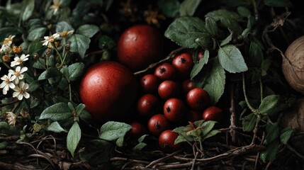 Dark Moody Still Life: Red Eggs and Berries in Lush Foliage
