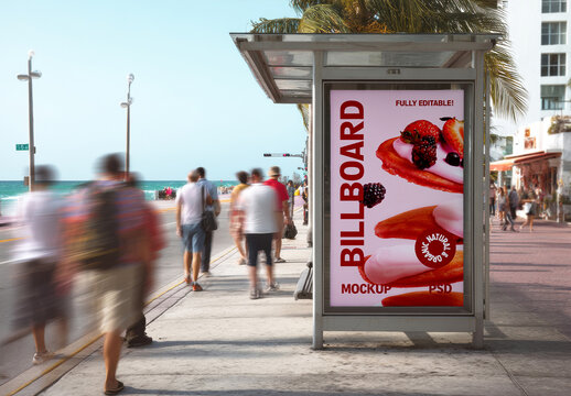 Vertical Billboard Mockup on Beachside Bus Stop