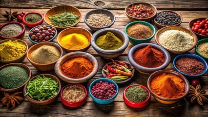 Vibrant rows of spices in colorful ceramic bowls on a rustic wooden table, bowlware, edible delights