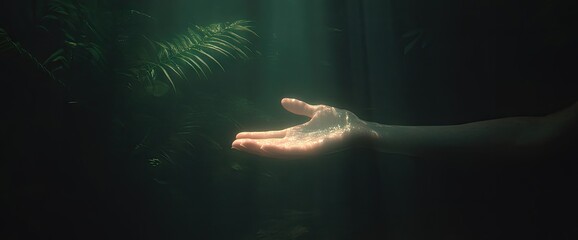 Hand outstretched in a mystical forest
