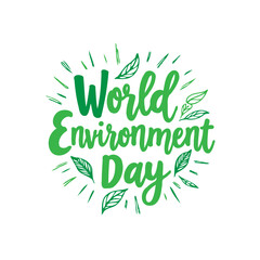Celebratory graphic for World Environment Day with green lettering and leaf accents