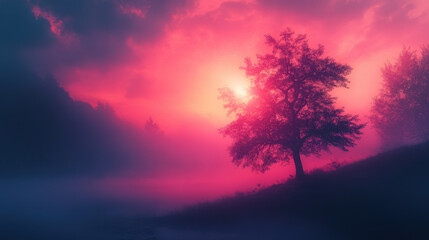 Fototapeta premium Pink And Purple Sunset Landscape With Silhouetted Tree And Fog