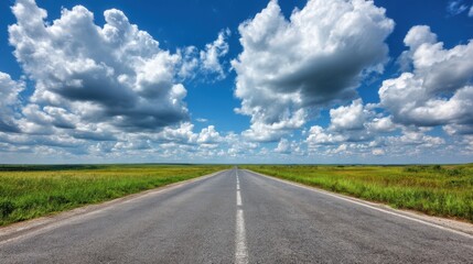 Asphalt Road Stretching to Horizon Under Blue Sky with Clouds Eye Level Perspective in Rural Landscape