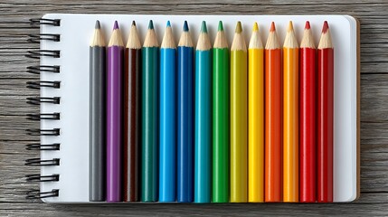 Obraz premium Rainbow Colored Pencils on Notepad with Creative Art Supplies.
