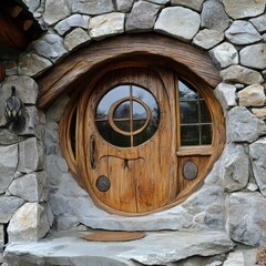 Whimsical Hobbit Door in Stone Cottage Entrance Close Up Eye Level View Fantasy Architecture Design