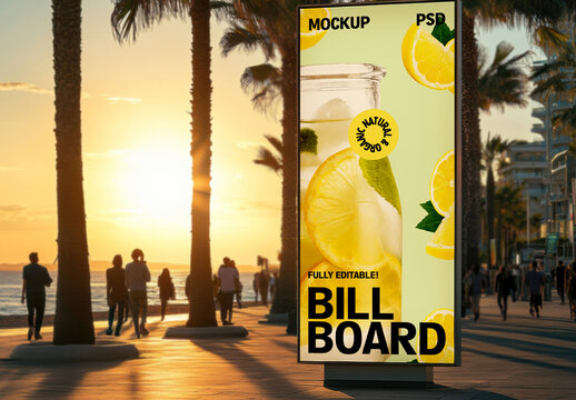 Outdoor Billboard Mockup on Beachfront at Sunset