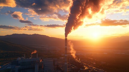 Fototapeta premium Smoke billows from industrial smokestack at sunset, creating pollution and environmental concerns globally now.