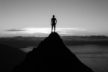 Silhouette of a person atop a peak, with cloudscape and distant lake in a black and white setting