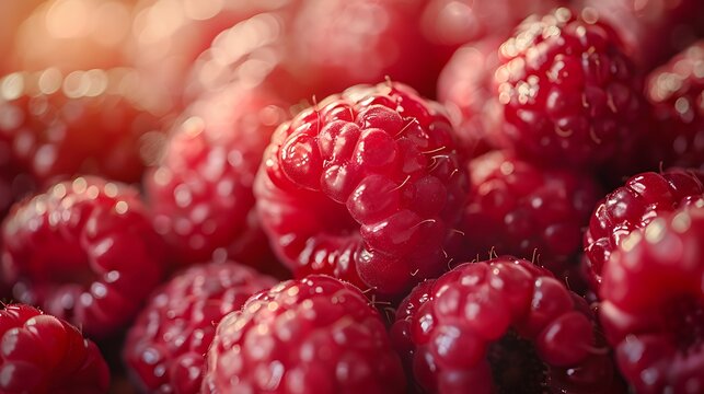 Closeup of ripe red raspberries juicy summer berries fresh fruit food photography background
