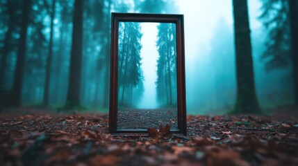 Misty forest path reflected in a frame