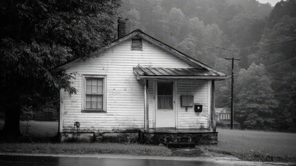 Obraz premium Gray, weathered home nestled in a misty landscape.